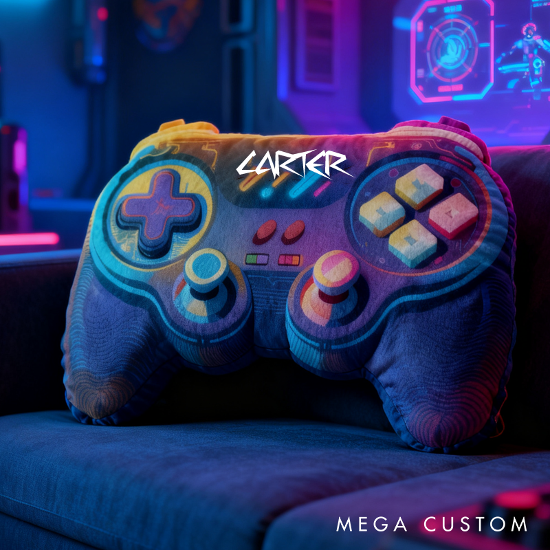 Personalized Neon-Style Game Controller Pillow Custom Gamer Lover Pillow Gift for Game Geek