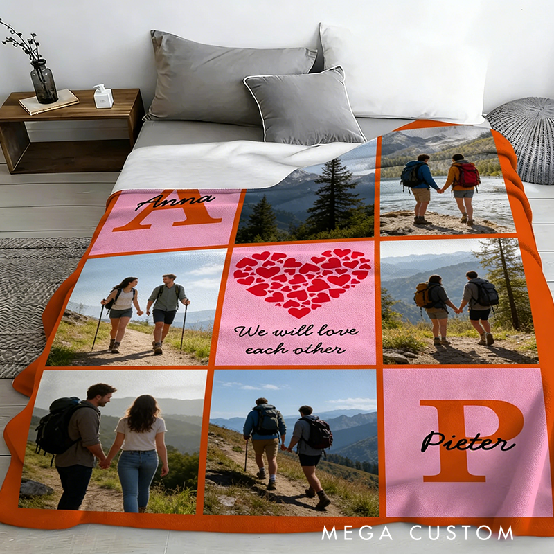 Personalized Heart 6 Photos Soft Throw Blanket with Name and Text Home Decor Valentine's Day Outdoor Hiking Gift for Couple
