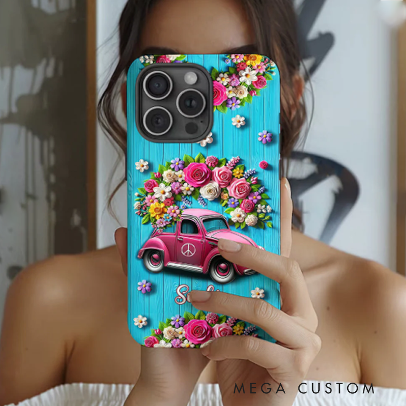 Personalized Hippie Accent Phone Case Custom Name Hippie Cars Theme and Flower Case