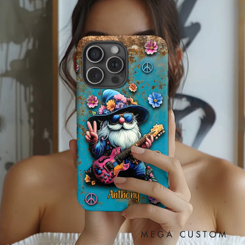 Personalized Hippie Gnome and Guitar Hipper Phone Case Custom Name Hippie Theme and Flower Case