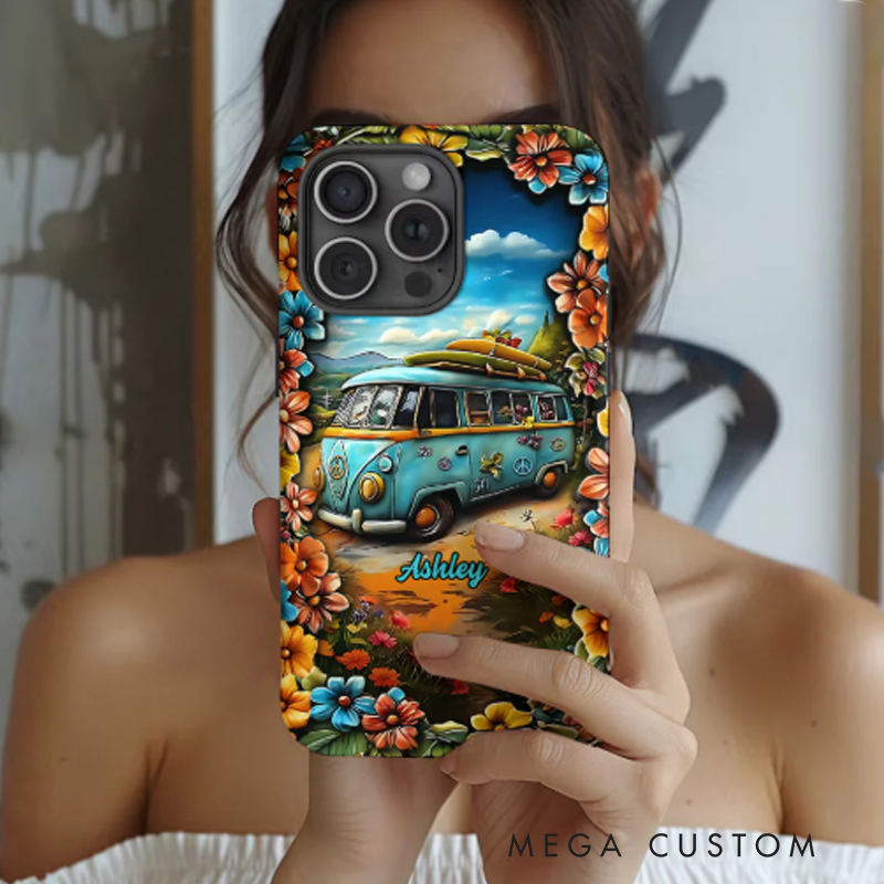 Personalized Hippie Accent Phone Case Custom Name Hippie Cars Theme and Flower Case