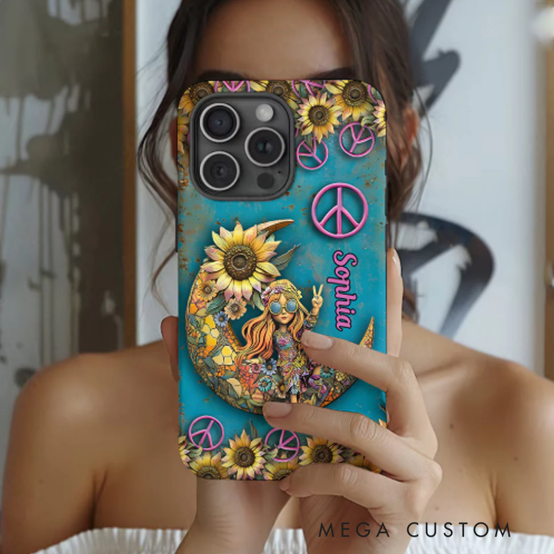 Personalized Hippie Girl Accent Phone Case Custom Name Hippie Theme and Flower Case
