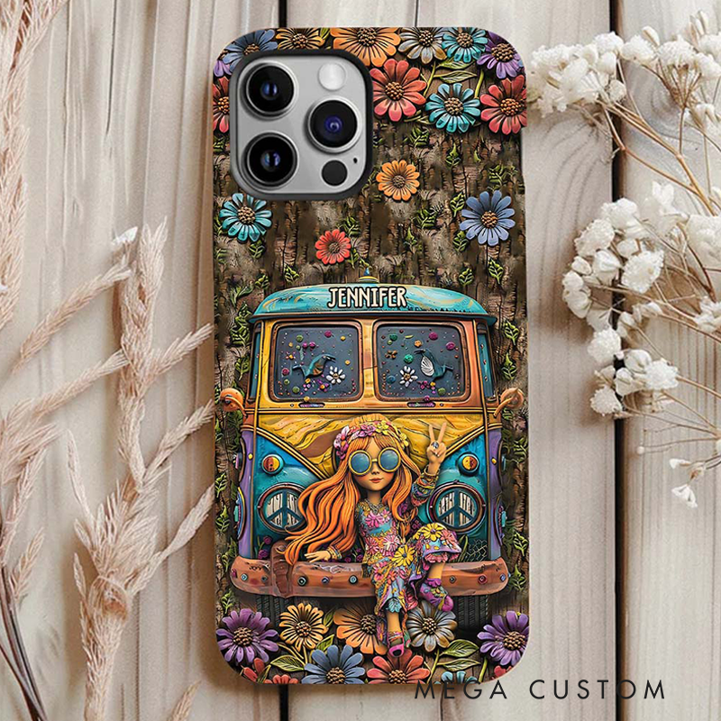 Personalized Hippie Girl and Cars Accent Phone Case Custom Name Hippie Theme and Flower Case