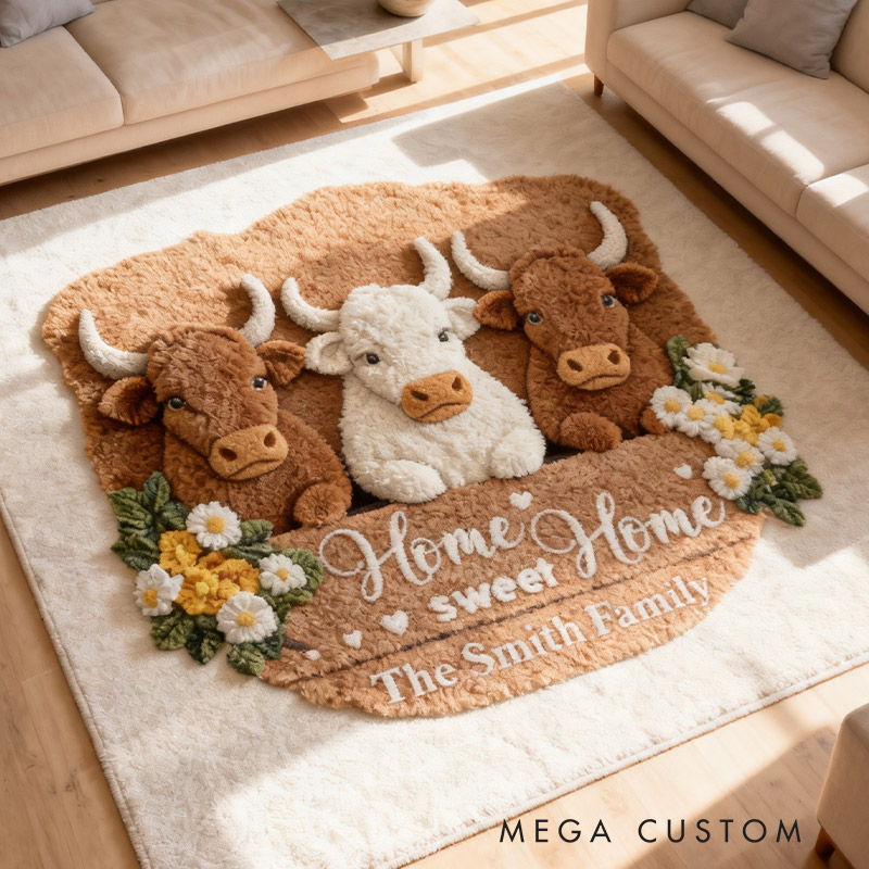 Personalized Home Sweet Home Rug Custom Highland Cow Mat for Family Housewarming Gift
