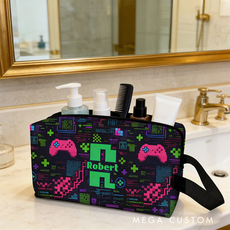 Personalized Glitch Art Style Gamer Name Portable Toiletry Bag with Zipper and Handle Dopp Kit Travel Accessory Birthday Gift for Game Lover