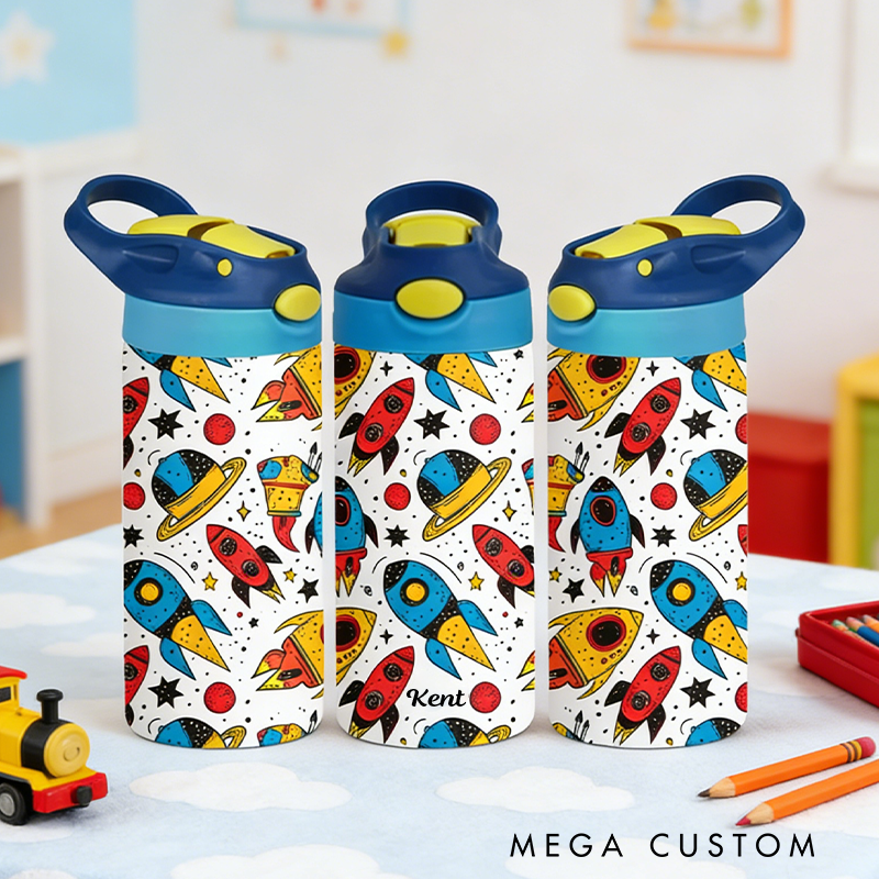 Personalized Rocket Tumbler 12 Oz Kid Insulated Name Water Bottle with Handle and Silicone Straw Space Enthusiasts Gift