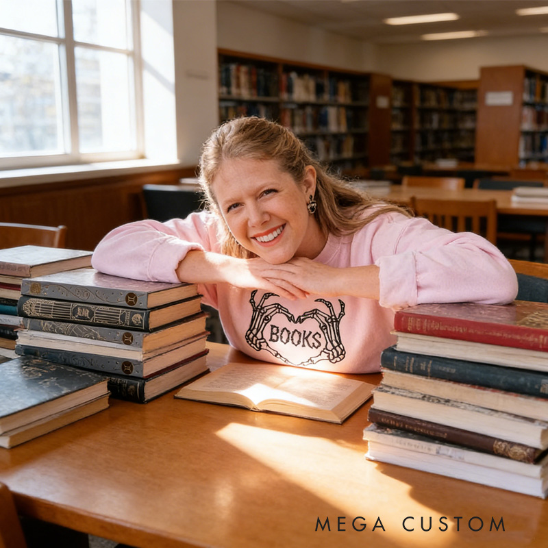 Personalized Spooky Book Classic Sweatshirts Skull Heart Book Sweatshirt Valentine's Day Gift for Book Lover Reader Bookish Bookworm