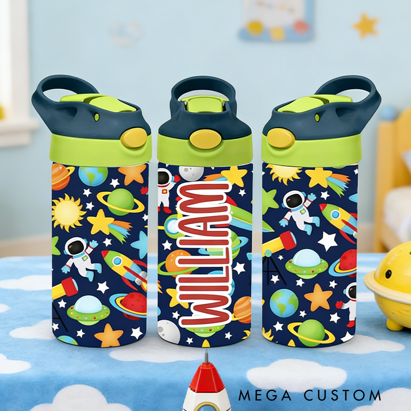 Personalized Outer Space 12oz Boys Tumbler, Pastel Personalized Leak Proof Flip Top Sports Water Bottle Kid School Lunch Insulated Sippy Cup