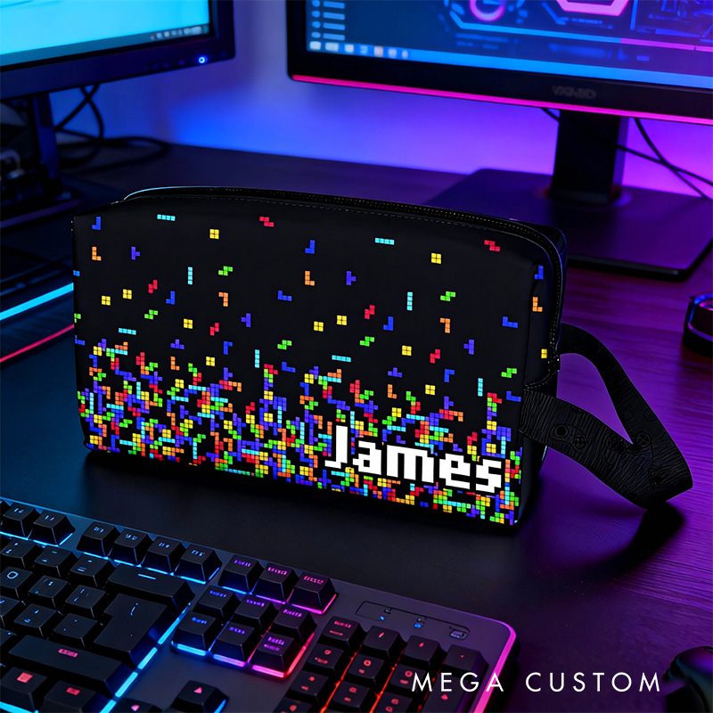Personalized Retro Classic Game Name Portable Toiletry Bag with Zipper and Handle Dopp Kit Travel Accessory Birthday Gift for Game Lover