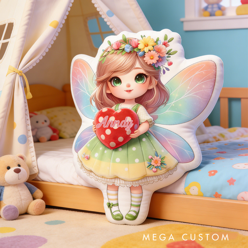Personalized Fairy with Heart Throw Pillow Graphic 3D Print Fairy Pillow with Name for Girl Boy Kids Valentine's Day Gifts Loving Room Decor