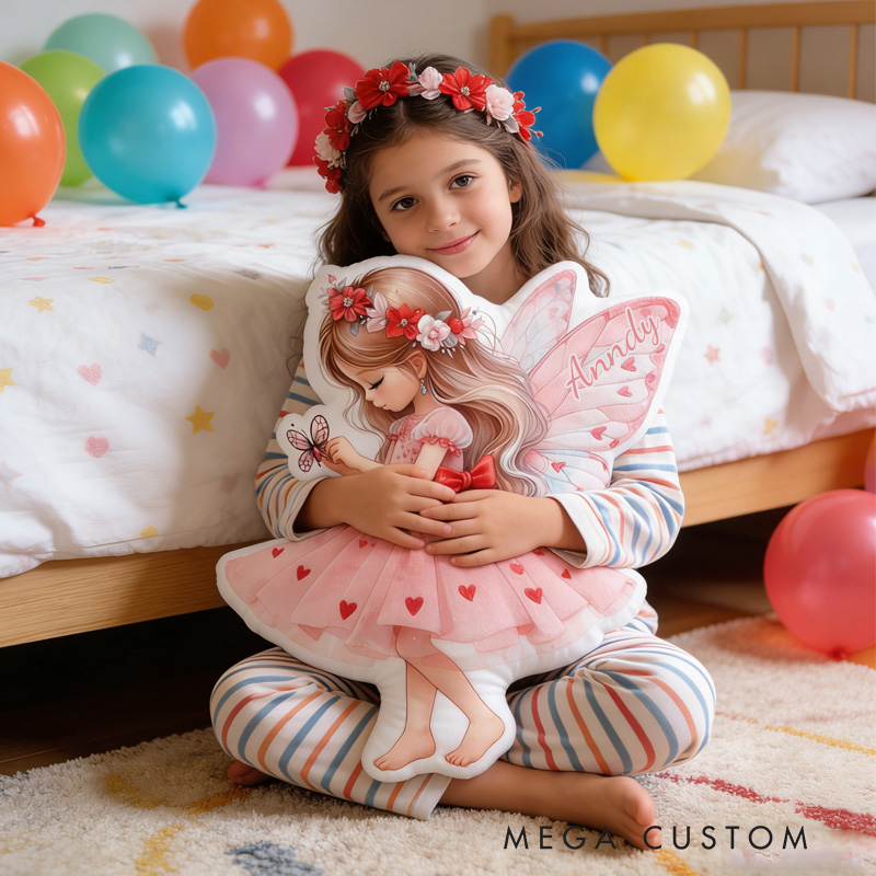 Personalized Heart Fairy Throw Pillow Graphic 3D Print Garden Fairy Pillow with Name for Girl Boy Kids Valentine's Day Gifts Loving Room Decor