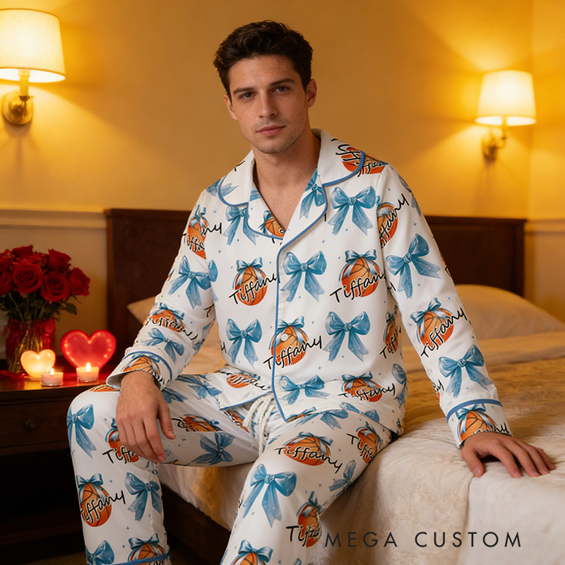Personalized Couple Basketball Pajamas with Custom Name and Bow Design Gift for Anniversaries Valentine’s Day