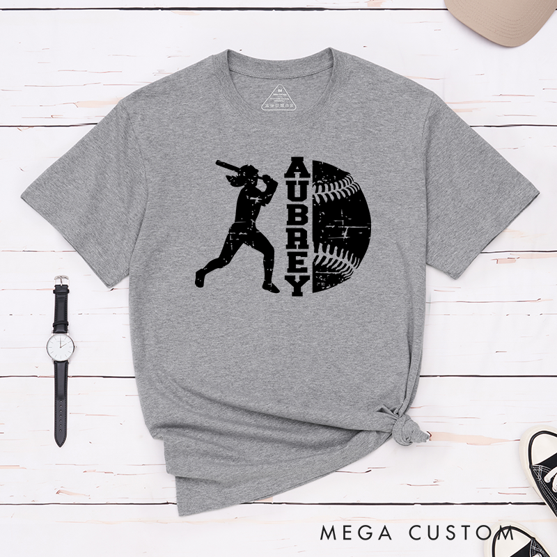 Personalized Softball Player T-Shirt Design Featuring Batter Silhouette Distressed Softball Graphic and Customizable Name Text