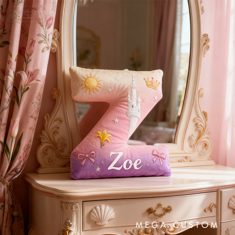 Personalized Graphic 3D Print Cartoon Tower And Love Tale Alphabet Shaped Pillow for Cartoon Lovers Initial Pillow Christmas Gift for Kids