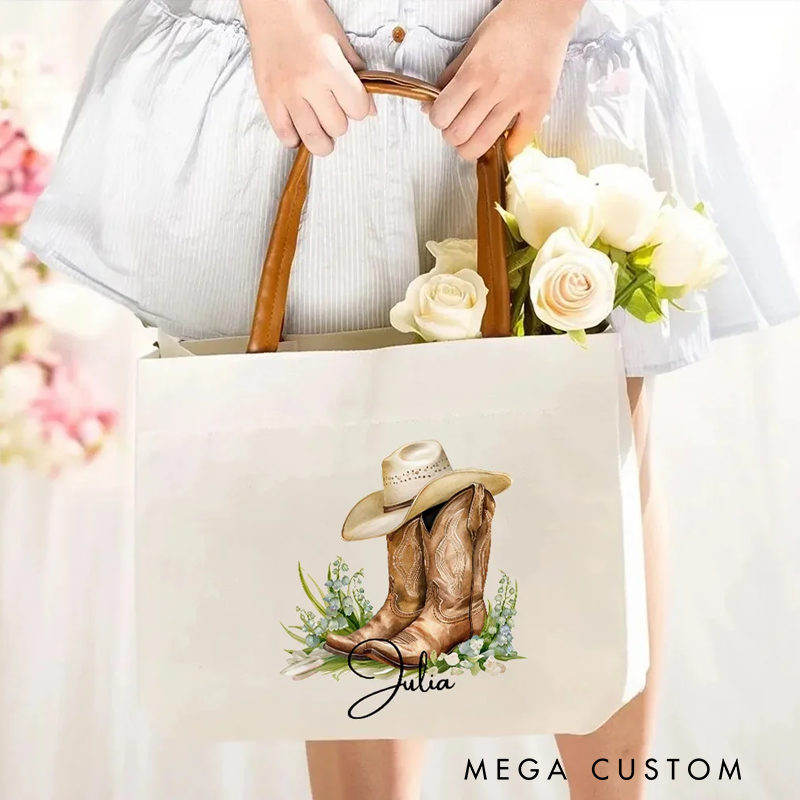 Personalized Birth Flower Western Cowgirl Boots Design Canvas Tote Bag with Name and Leather Handle Outdoor Gift for Women