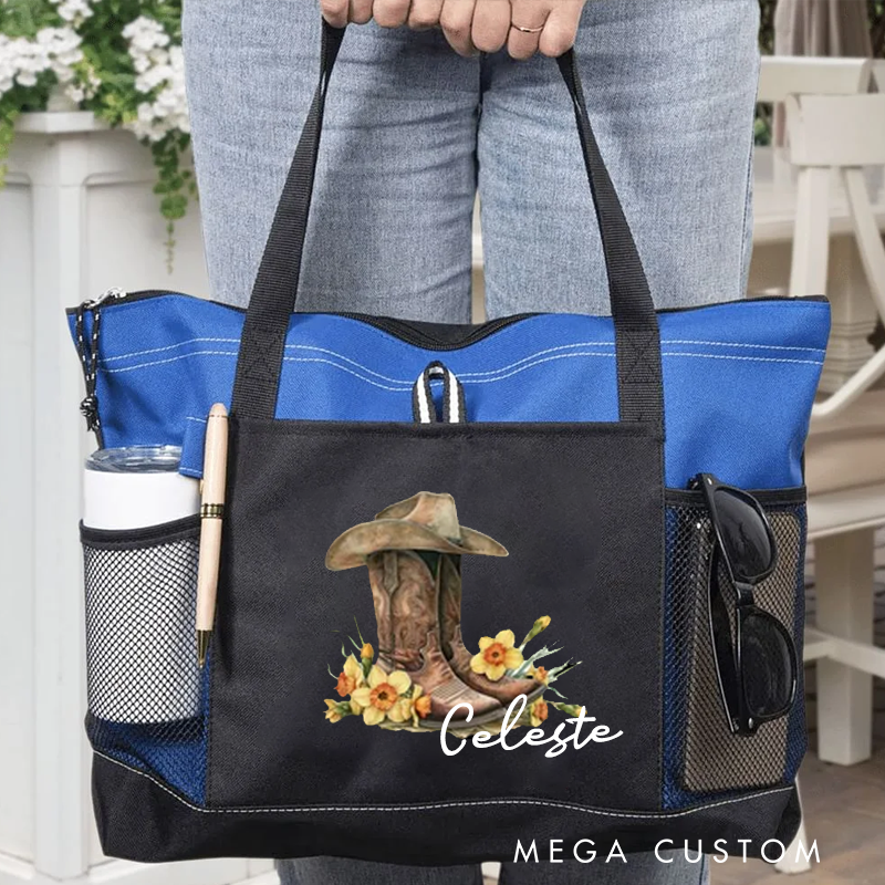 Personalized Birth Flower Western Cowgirl Bootstote Bag with Name Anniversary Birthday Gift for Girls Women