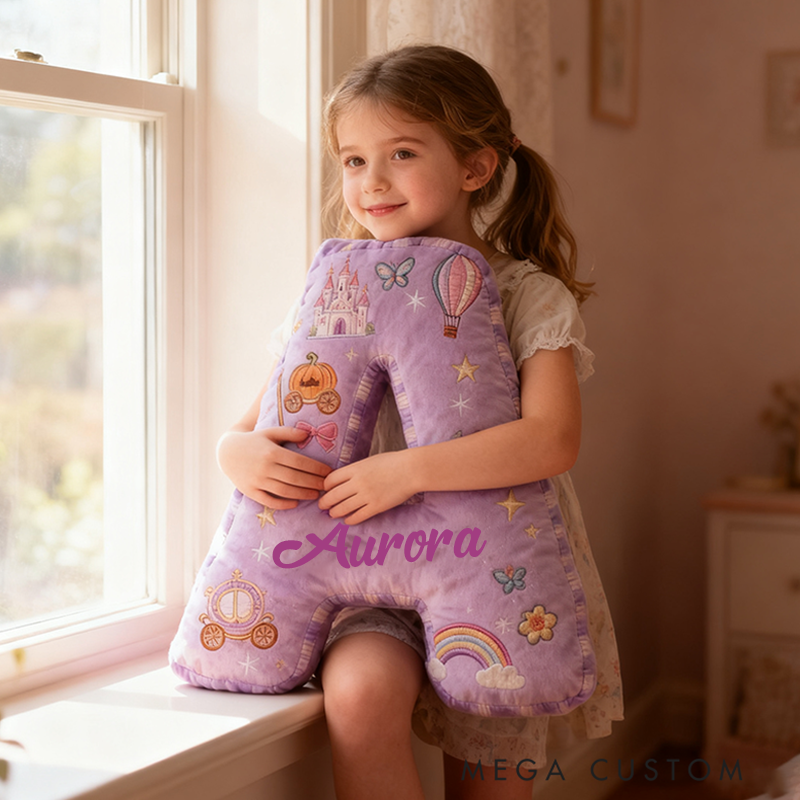 Personalized Princess Letter Christmas Gift Pillow Purple Design and Fairytale Embroidery Graphic 3D Print Pillow for Kids