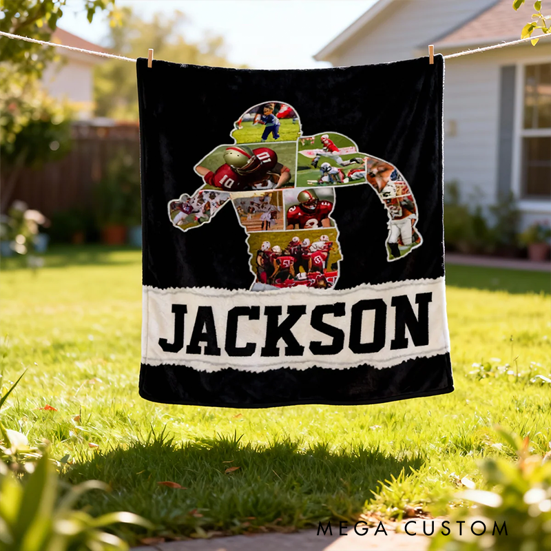 Personalized American Football Photo Collage Blanket with Custom Name and Number