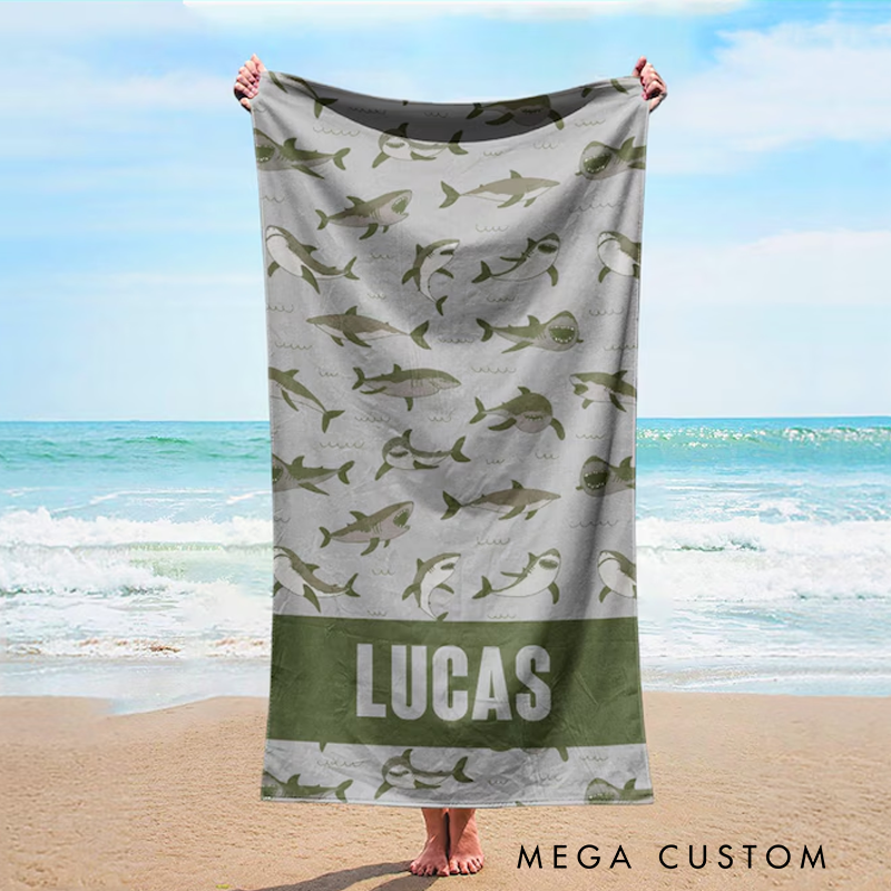 Personalized Shark Beach Towel Custom Name Vibrant Watercolor Gifts for Outdoor Fishing Enthusiasts