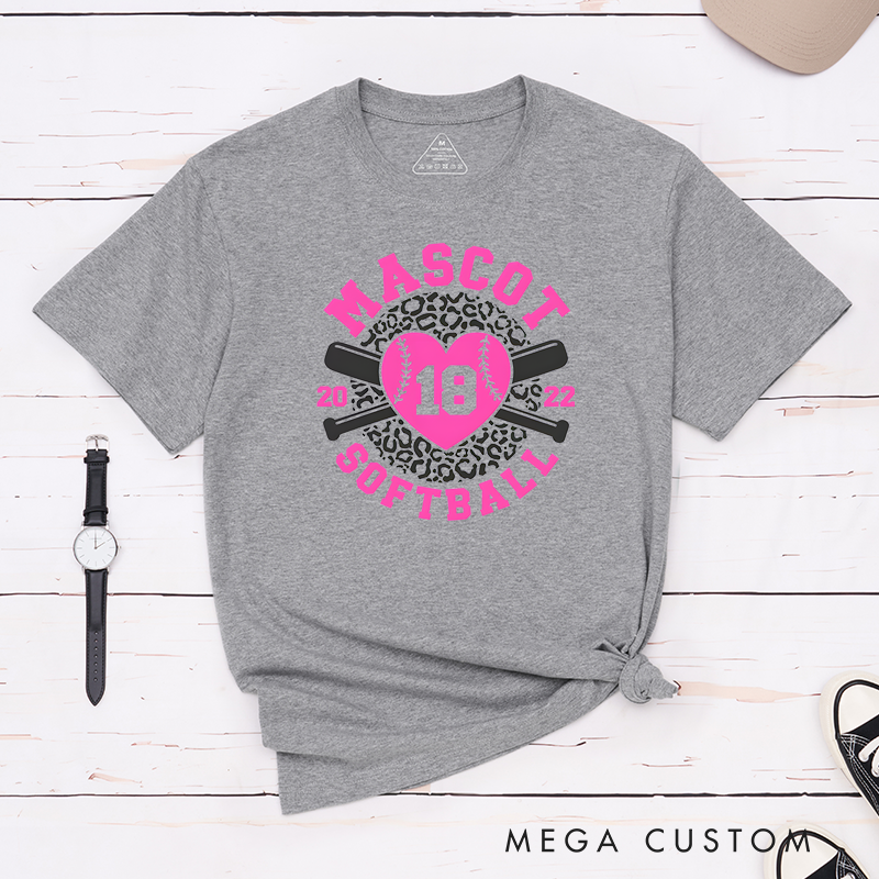 Personalized Softball Team T-Shirt Design Featuring Customizable Team Name Leopard Print Heart-Shaped Softball Graphic Crossed Bats and Player Number
