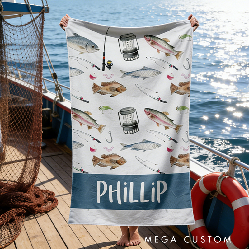 Personalized Fishing Beach Towel Kids Beach Towel Fishing Gear Beach Towel Gifts for Outdoor Fishing Enthusiasts