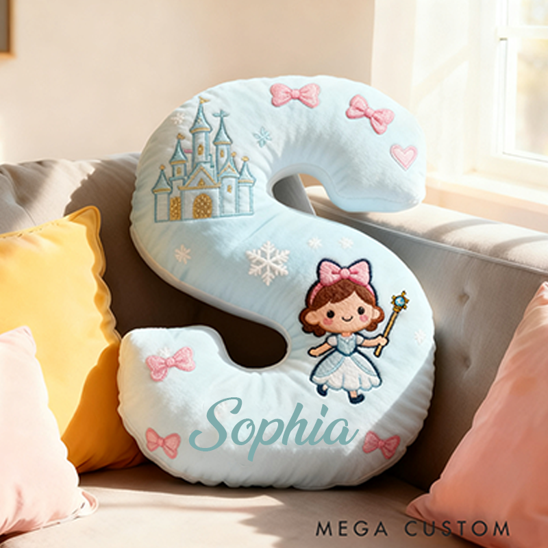 Personalized Light Blue Letter Christmas Gift Pillow with Castle Bow Accents and Fairy Princess Design for a Magical and Whimsical Touch 3D Print Pillow