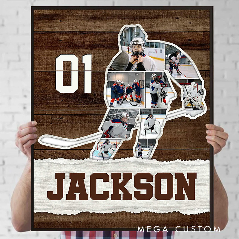 Personalized Ice Hockey Photo Collage Poster with Custom Name and Number