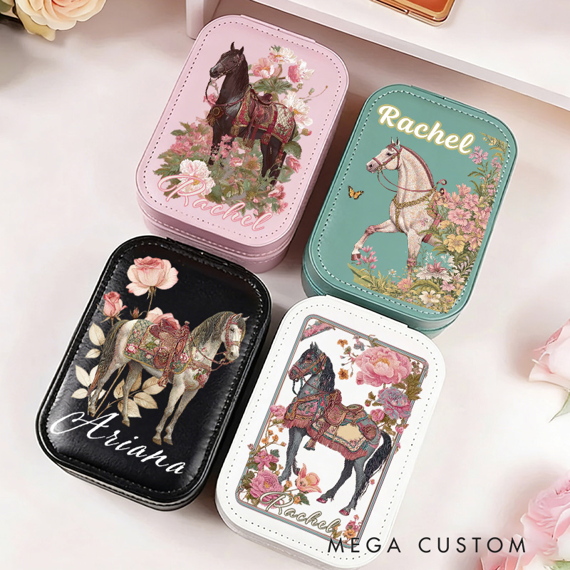 Personalized Horse Riding Initial Name PU Leather Jewelry Box with LED Three color Makeup Mirror Travel Essential Birthday Gift for Women for Girls for Horse Lovers Riding Lovers Equestrian Lovers