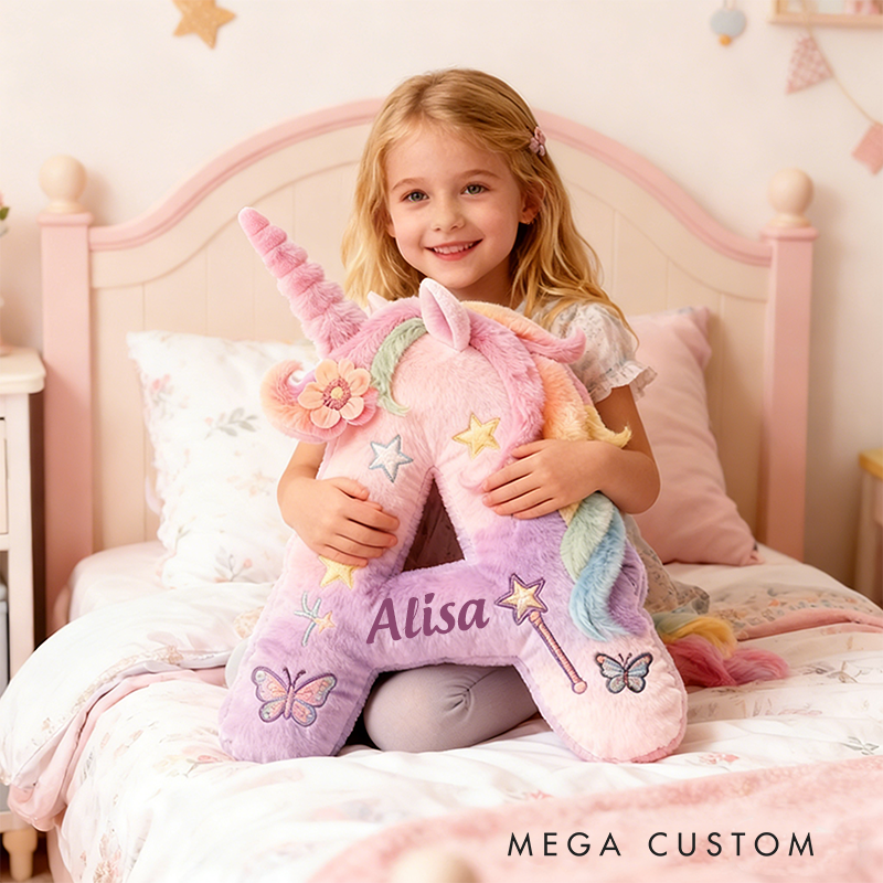 Personalized Letter Christmas Gift Pillow Pastel Rainbow Colors Stars Butterflies Magic Wand and Whimsical Fairy Tale Design Graphic 3D Print Pillow