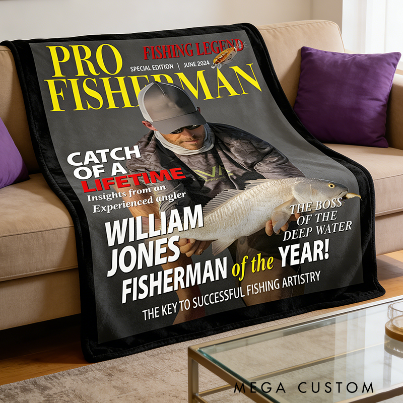 Personalized Fishing Legend Blanket Custom Fishing Magazine Cover Blanket Funny Fishing Lover Gift