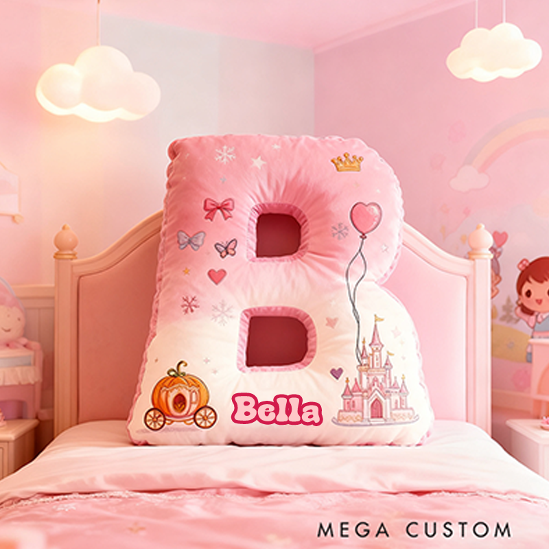 Personalized Letter Christmas Gift Pillow Princess Theme Castle Pumpkin Carriage Crown Balloons and Whimsical Fairy Tale Design Graphic 3D Print Pillow