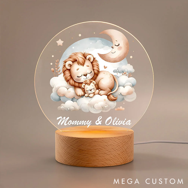 Personalized Sleeping Mommy Baby Animal Dreamy Moon Cloud LED Night Light with Wooden Base and Name Decor Birthday Gift for Kids