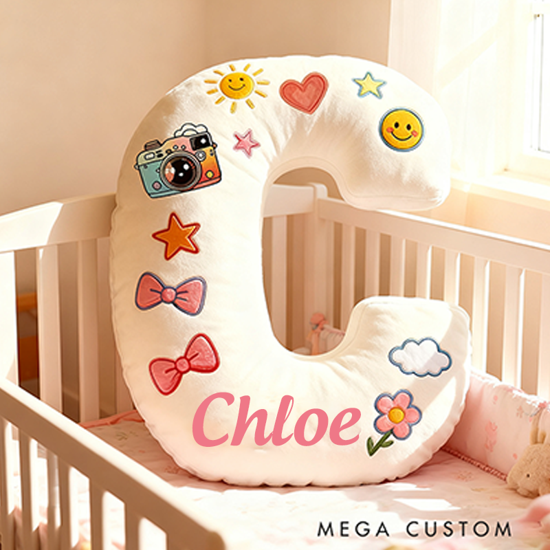 Personalized 26 Letters Shaped Christmas gift Pillow with Cute Camera Bowknots Flowers Smiley Faces Stars and Pastel Design Graphic 3D Print Pillow