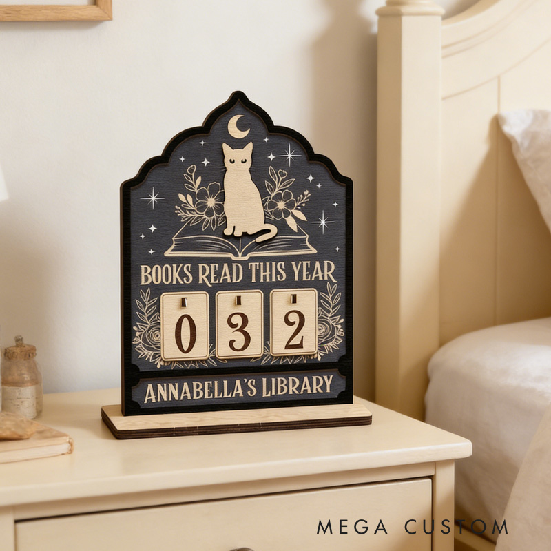 Personalized Books Read This Year Counter Vintage Book and Cat Reading Tracker with Name Bookshelf Decor for Book Lover Bookish Librarian Reader Christmas Gift