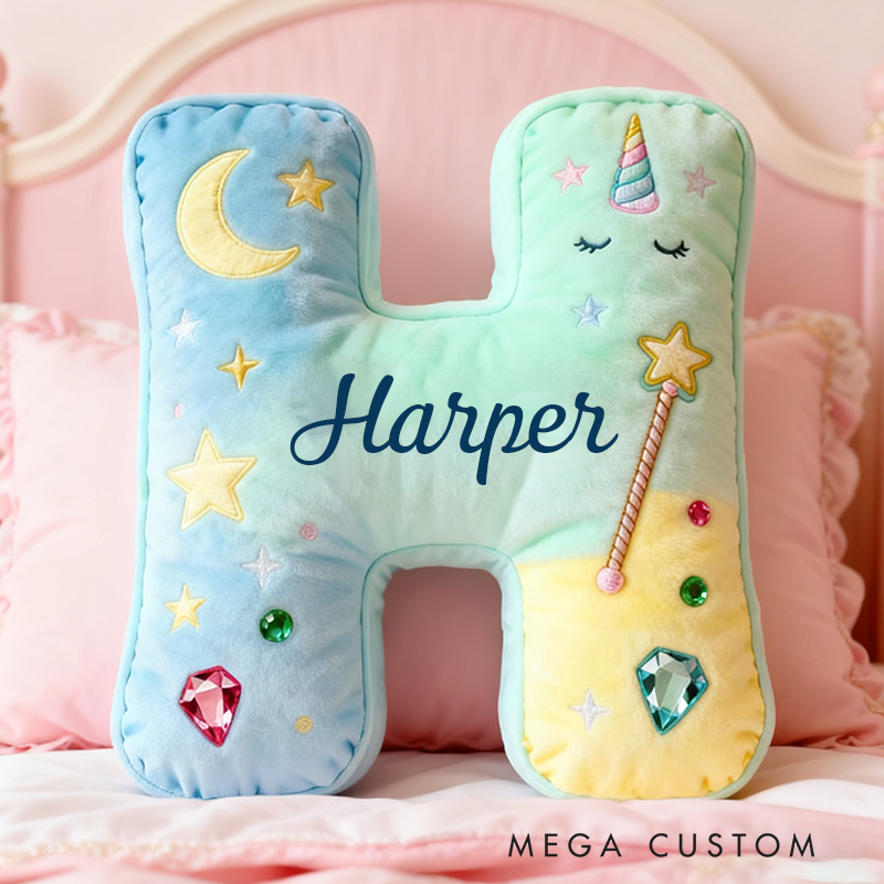 Personalized Colorful 26 Letters Unicorn Starry Dream Cute Graphic 3D Print Pillow Cute Magic Beautiful Letter Custom Pillow Gift for Kids
