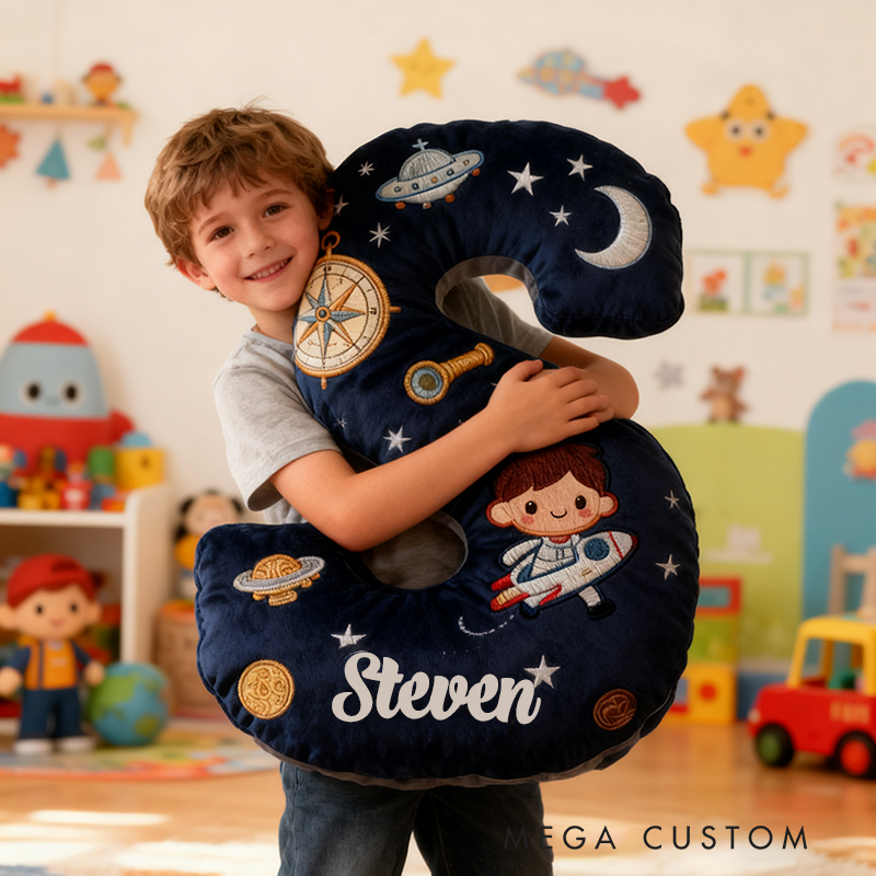 Personalized Space Themed Christmas Gift Pillow with Stars Moon Spaceship Compass Telescope and Astronaut Design Graphic 3D Print Pillow