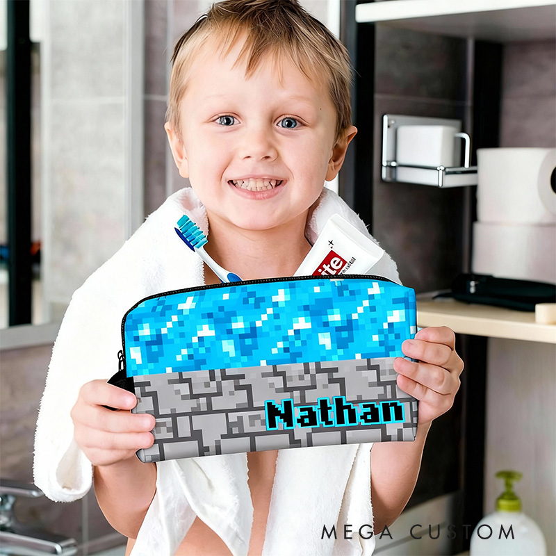 Personalized Pixel Diamond Portable Toiletry Bag with Zipper and Handle Dopp Kit Travel Accessory Birthday Gift for Game Lover Kids