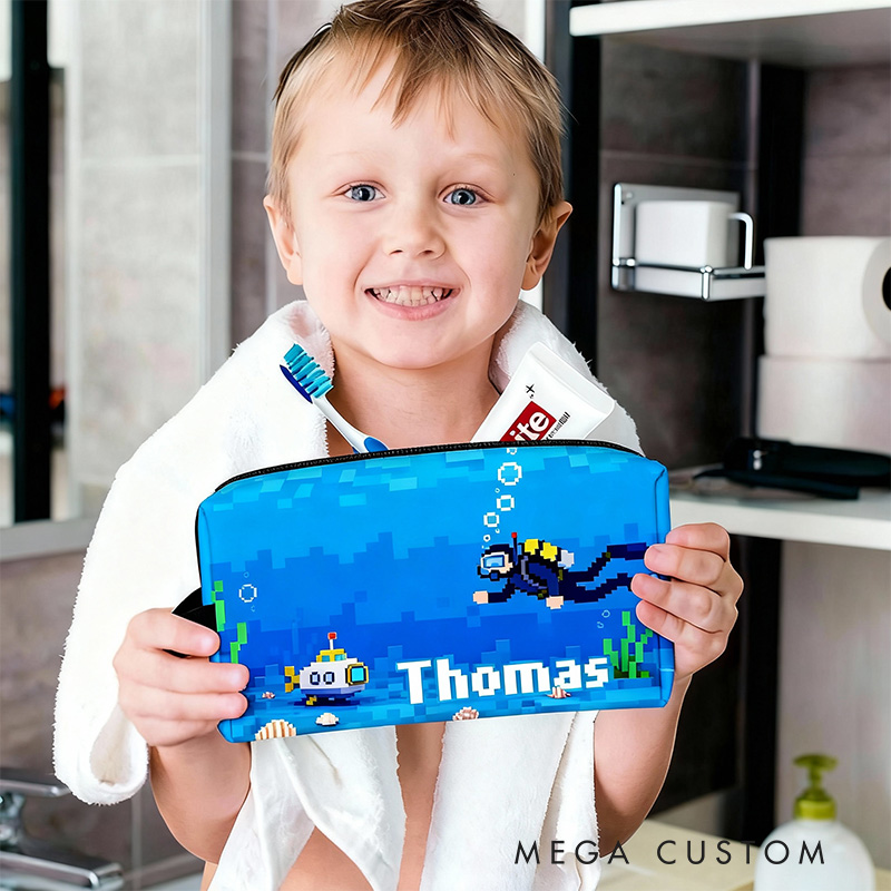 Personalized Pixel Ocean Game Portable Toiletry Bag with Zipper and Handle Dopp Kit Travel Accessory Birthday Gift for Game Lover Kids