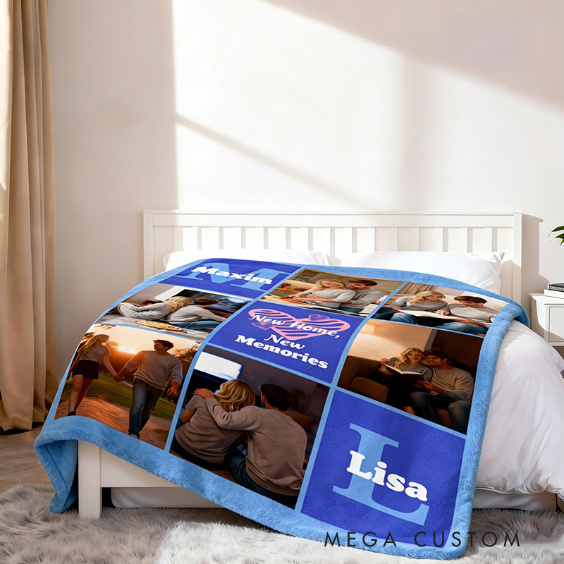 Personalized Heart 6 Photos Soft Throw Blanket with Name New Home Gift Valentine's Day for Couple Housewarming Gift 
