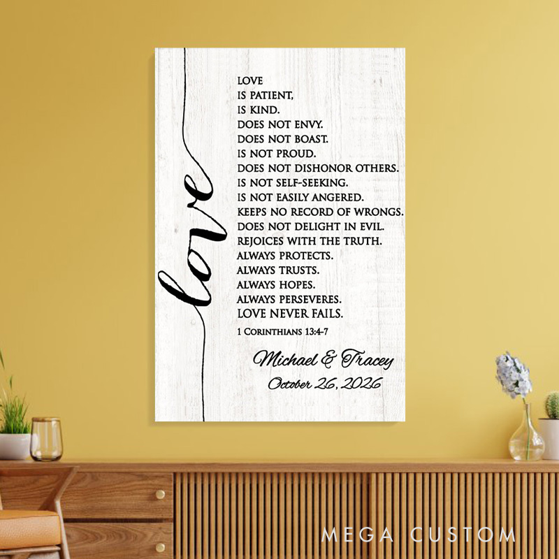 Personalized Corinthians Bible Verse Frameless Poster with Custom Couple Names Wedding Wall Decor Religious Gift for Couple