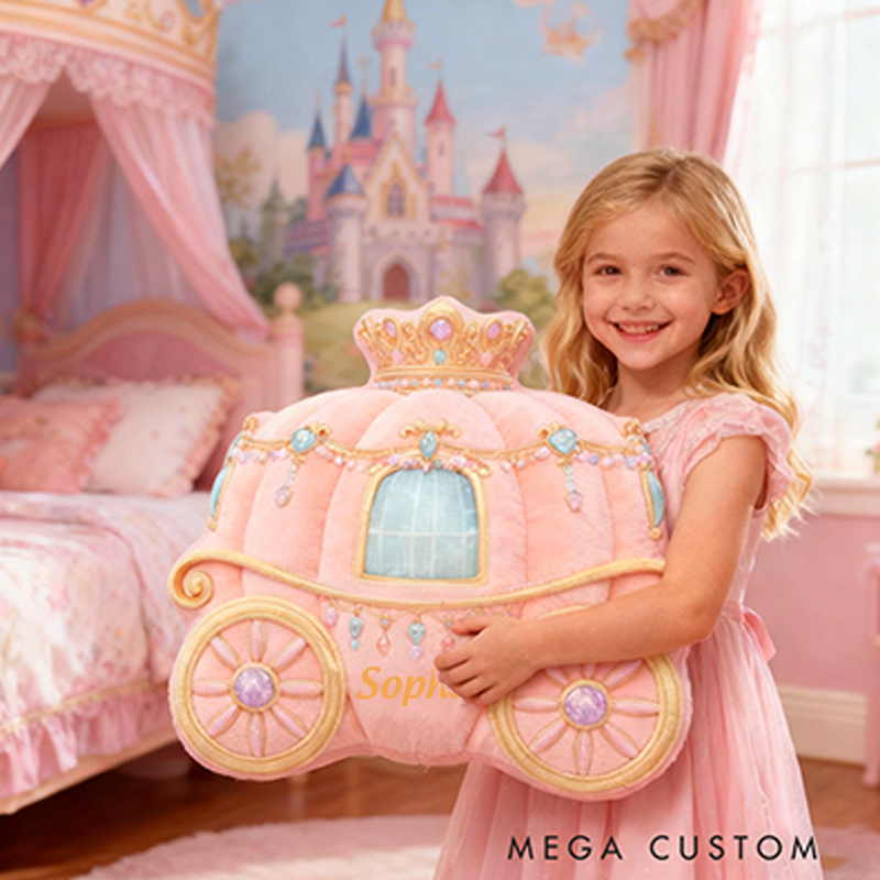 Personalized Princess Carriage Christmas Gift Pillow Soft Pastel Pink Theme and Custom Name Fairy Tale Inspired Room for Kids
