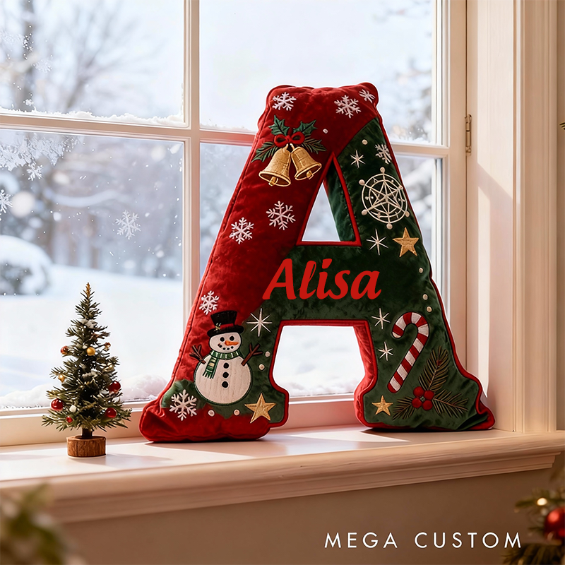 Personalized Letter Christmas Gift Pillow with Name Festive Red and Green Design Graphic 3D Print Pillow for Kids