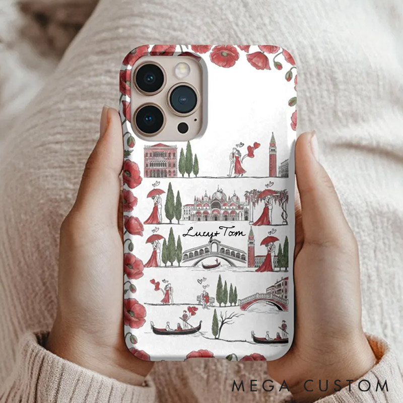 Personalized Romantic Venice Line Art Phone Case with Custom Name for Traveling Lovers 