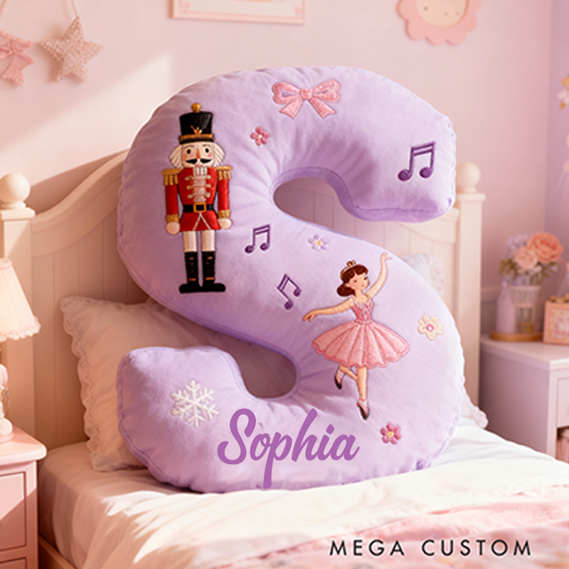 Personalized 26 Letter Purple Pillow with Nutcracker Ballerina Music Notes Snowflakes Bows and Enchanting Ballet Themed Design Graphic 3D Print Pillow