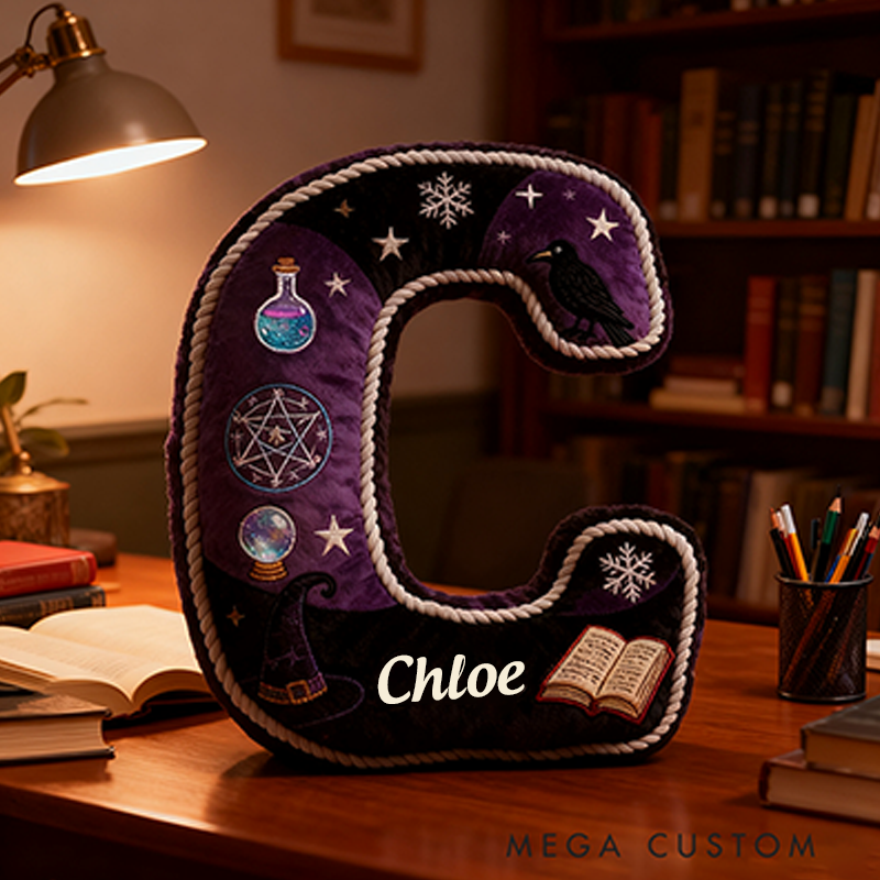 Personalized Witchy Letter Pillow Purple and Black Design and Mystical Embroidery Graphic 3D Print Pillow for Kids
