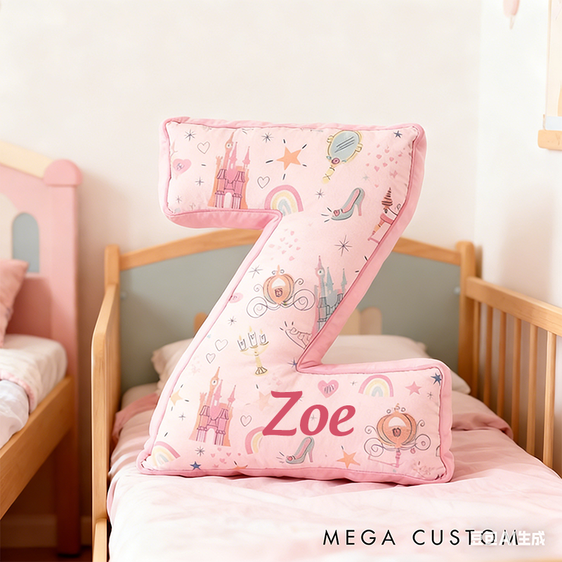 Personalized 26 Letters Christmas Gift Pink Pillow with Castles Rainbows Stars and Whimsical Fairy Tale Design Graphic 3D Print Pillow for Kids