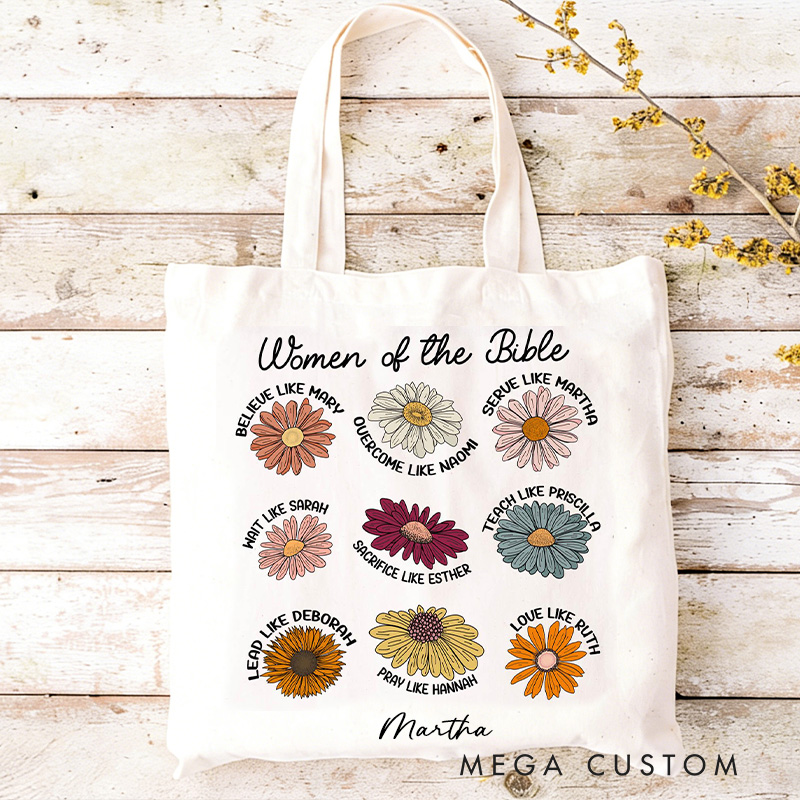 Personalized Women of the Bible Canvas Tote Bag with Custom Name Church Bible Study Daily Use Biblical Tote Floral Religious Christian Gift for Women