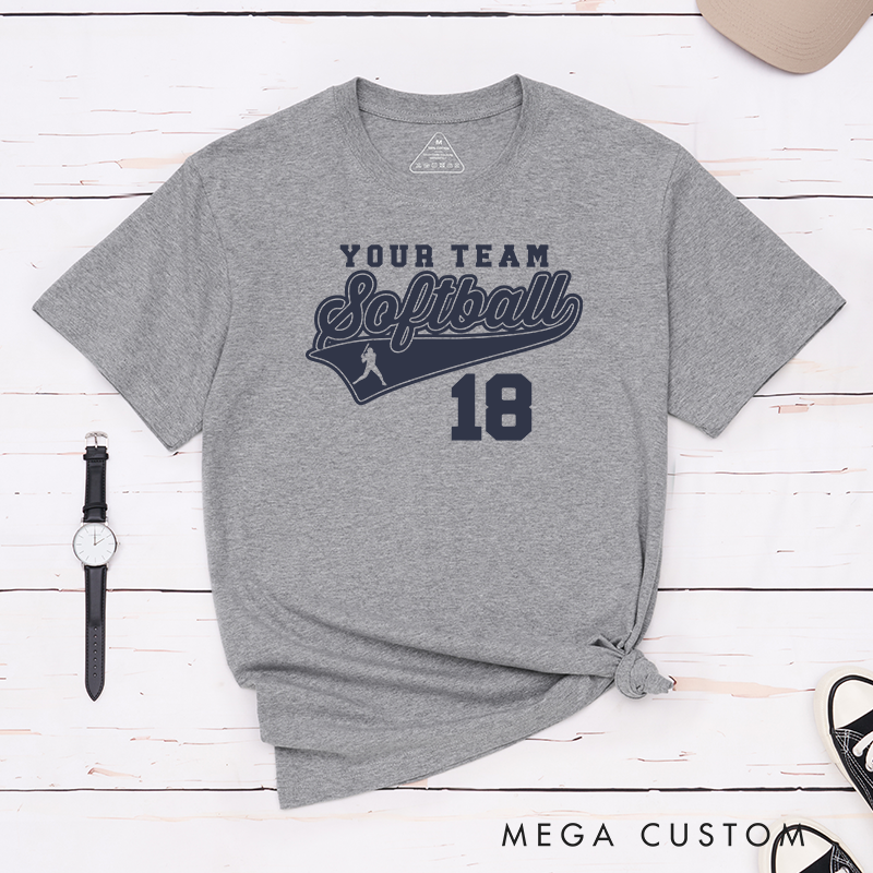 Personalized Softball Team T-Shirt Design Featuring Customizable Team Name Bold Script Softball Text Dynamic Swoosh Element Player Silhouette and Custom Number