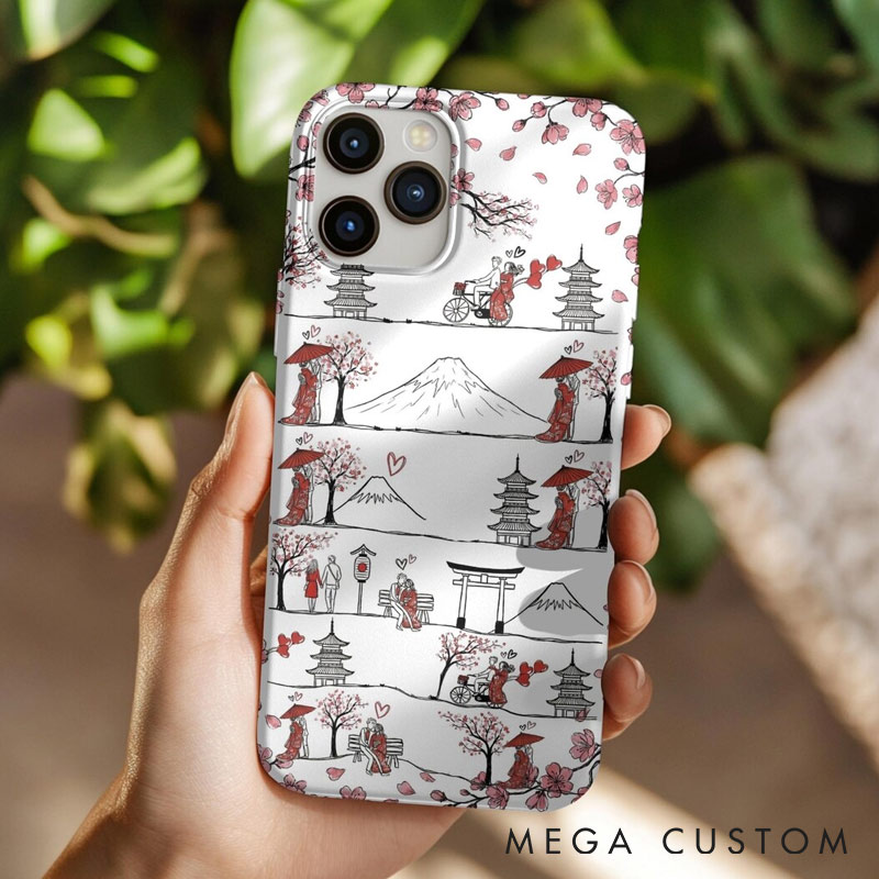 Personalized Romantic Sakura Japan Line Art Phone Case with Custom Name for Traveling Lovers 
