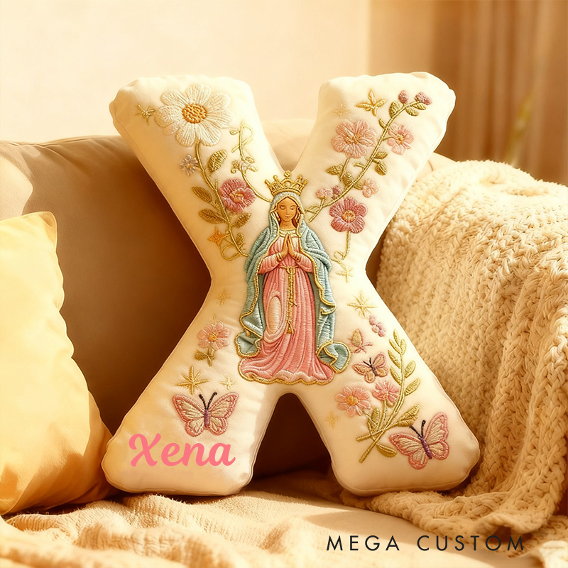 Personalized Virgin Mary Letter Pillow with Custom Name Home Decor Flower Butterfly Vine Graphic 3D Print Pillow Religious Faith Gift Catholic Gift